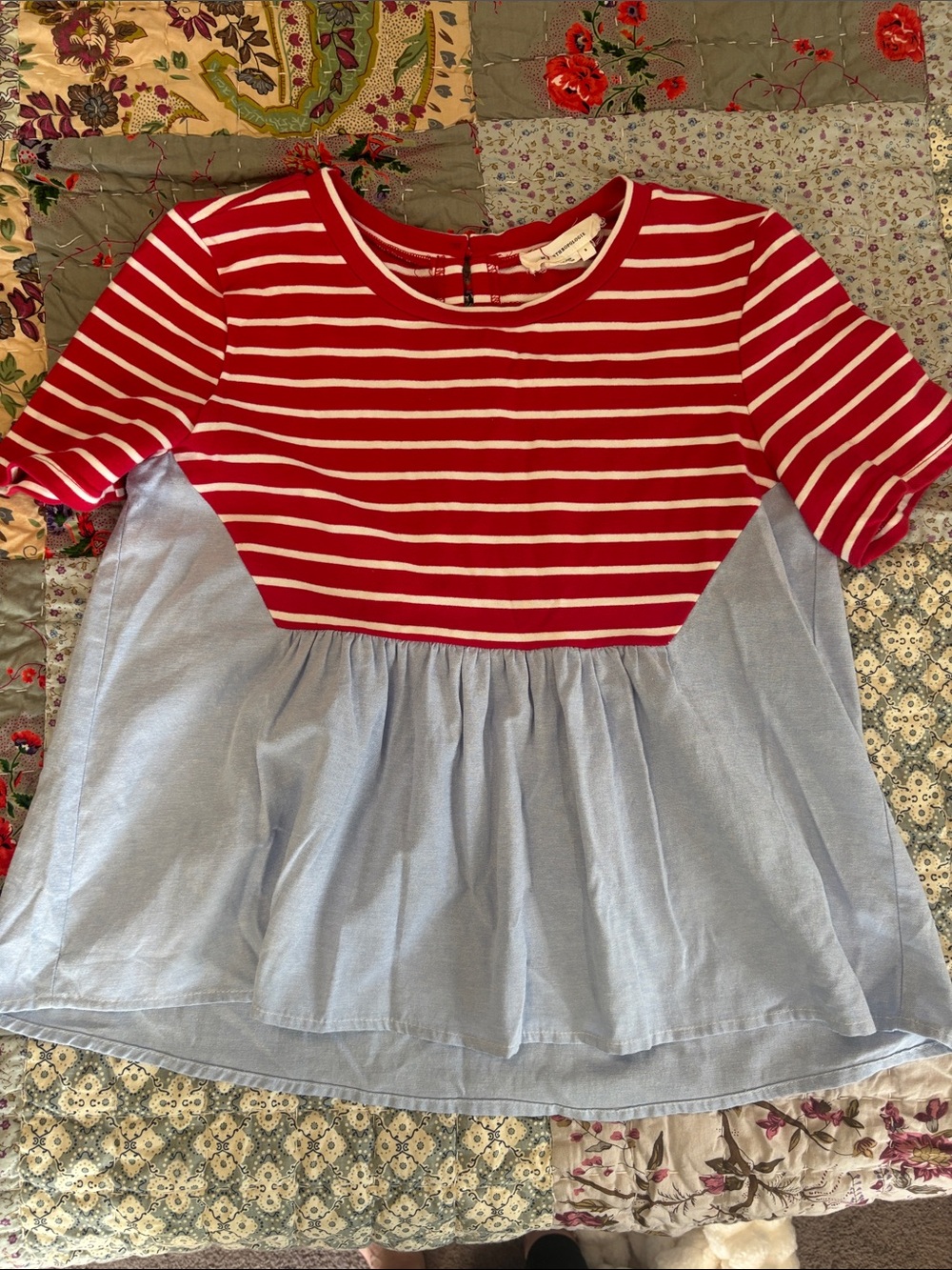 Anthropologie Red & Light Blue Striped Peplum Tee